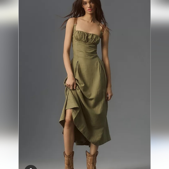 Anthropologie Dresses & Skirts - Anthropologie Midi Dress Linen Square Neck A Line Utility